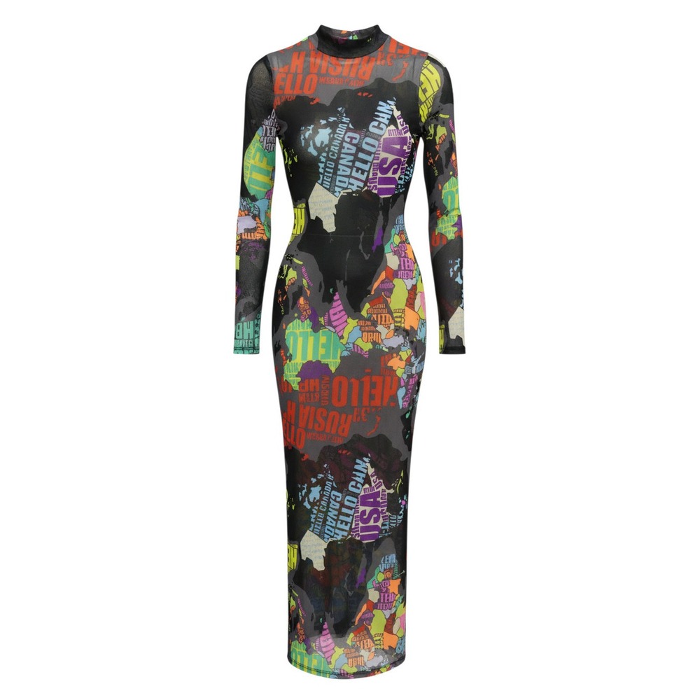 Votique Mesh Maxi Dress Womens Small Multi Color Map Print Mock Neck D1505-MAP